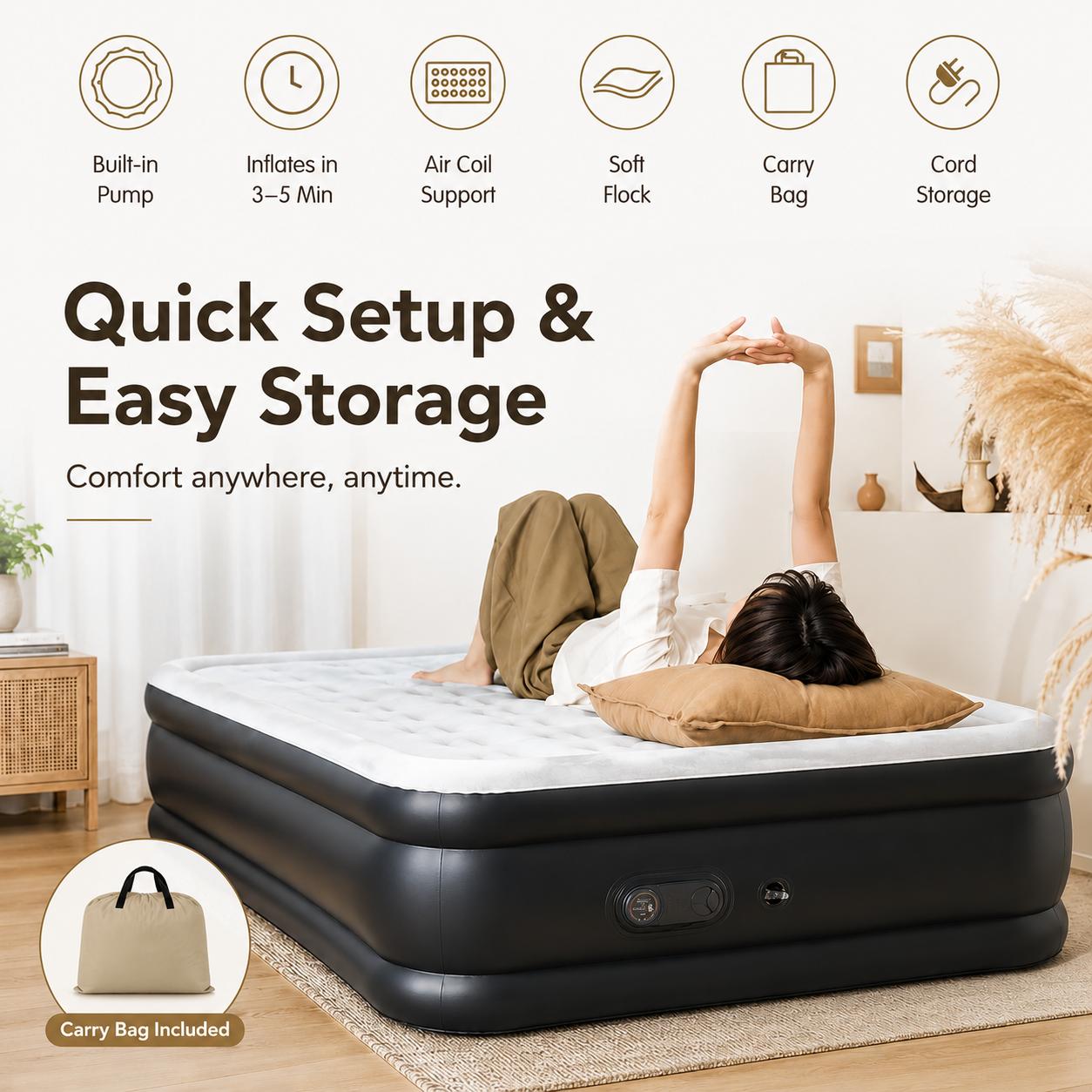 "Full Air Mattress with Built-In Pump – 18” Inflatable Airbed for Guests, Quick 3-Min Self-Inflating, Portable Blow Up Bed with Carry Bag – Type-0 Technology Air Coil, Full Size Sleep Comfort"