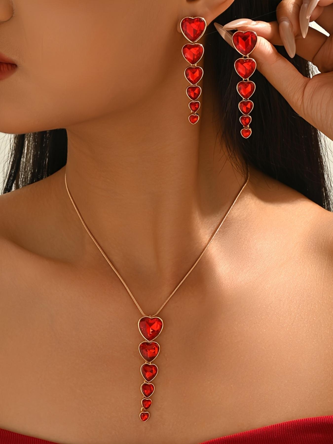 Heart Shape Gradient Long Pendant Necklace Earrings Set, Fashionable and Sexy Jewelry for Women, Perfect Gift for Valentine's Day