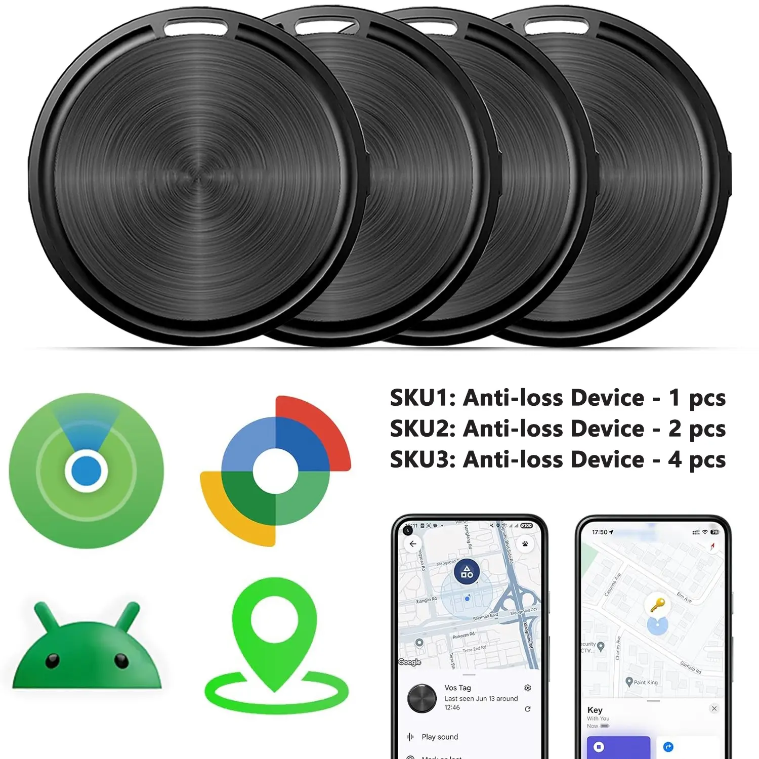 Smart Tracker Tag GPS Tracker for Android or iOS 1/2/4 Pack, Works with Apple Find My or Google Find Hub App, Loud Sound, Replaceable Battery, for Keys, Luggage, Suitcase, Backpack, Wallet- Black/White