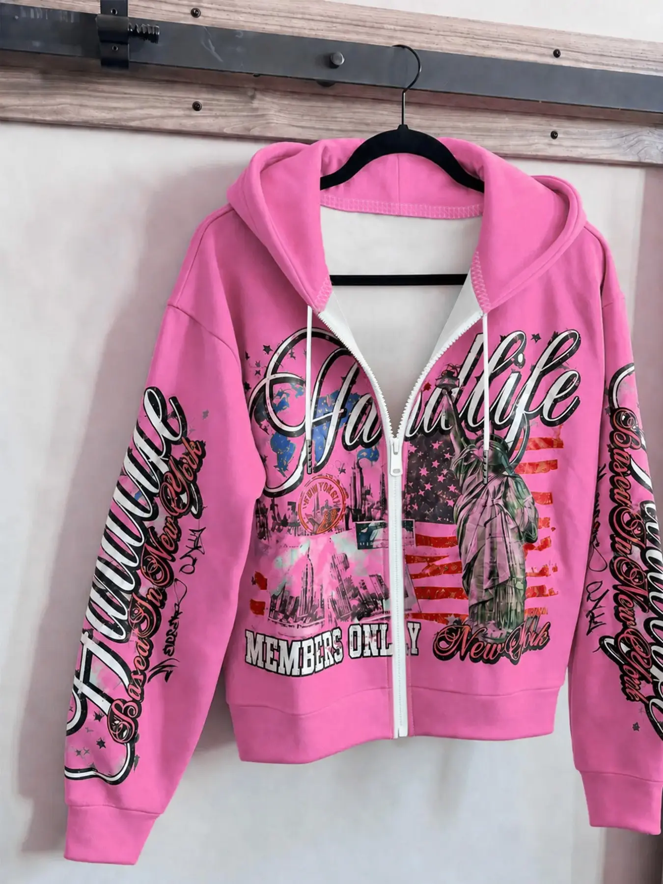 American High Street Liberty Statue Print Hooded Sweatshirt, Men's Vintage Heavyweight Zipper Jacket, Casual Long Sleeve Top