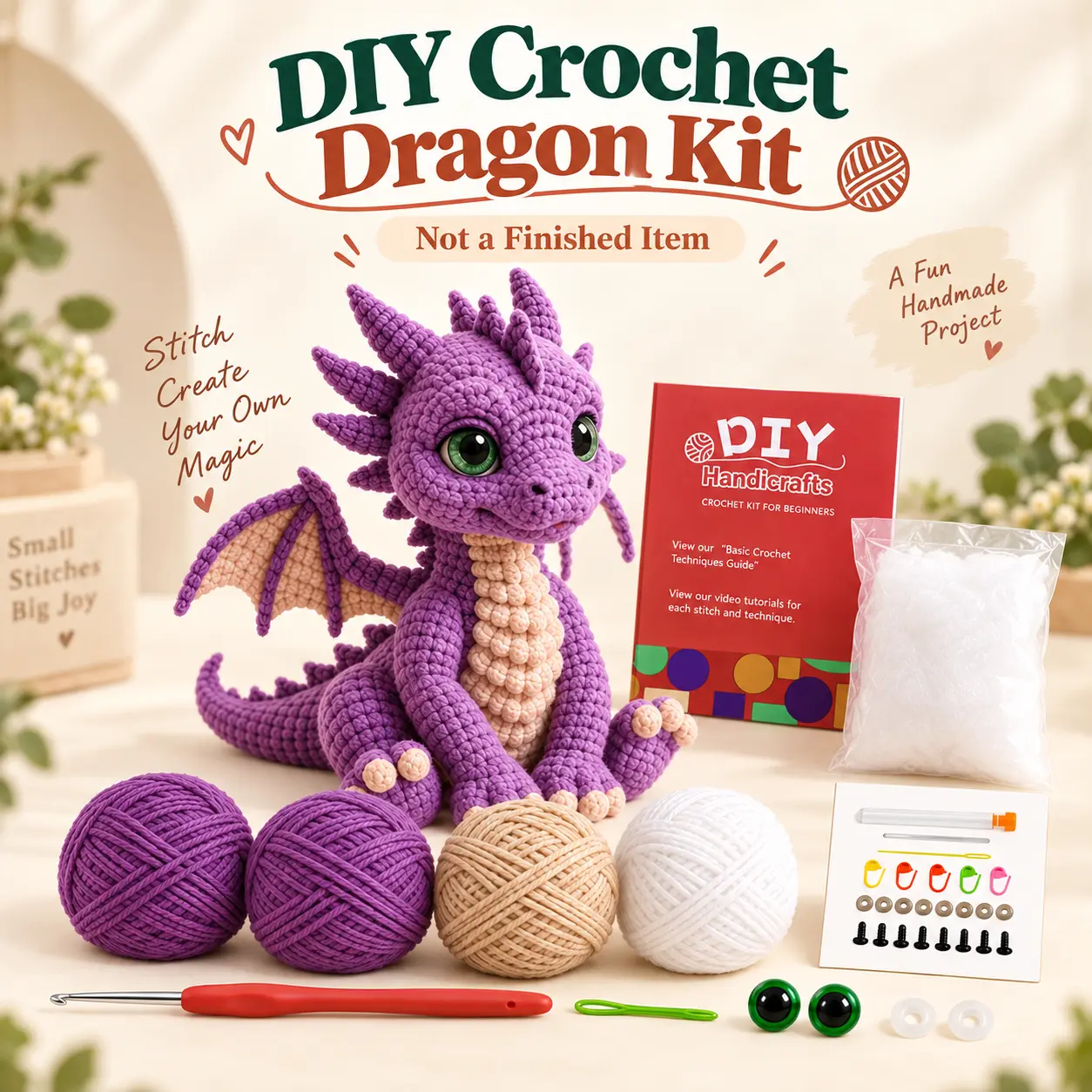 DIY Crochet Dragon Kit for Beginners, Create Your Own Cute Purple Dragon Plush Doll with Complete Amigurumi Crochet Starter Kit, Includes Yarn, Crochet Hook, Stuffing, Safety Eyes, Accessories and Instructions, Fantasy Animal Handmade Craft Project Gift I