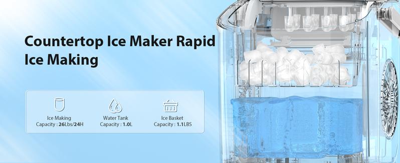 Antarctic Star Countertop Ice Maker Portable Ice Machine with Handle,26Lbs/24H, Self-Cleaning Ice Makers, 9 Ice Cubes Ready in 6 Mins for Home Kitchen Bar Party (Grey)