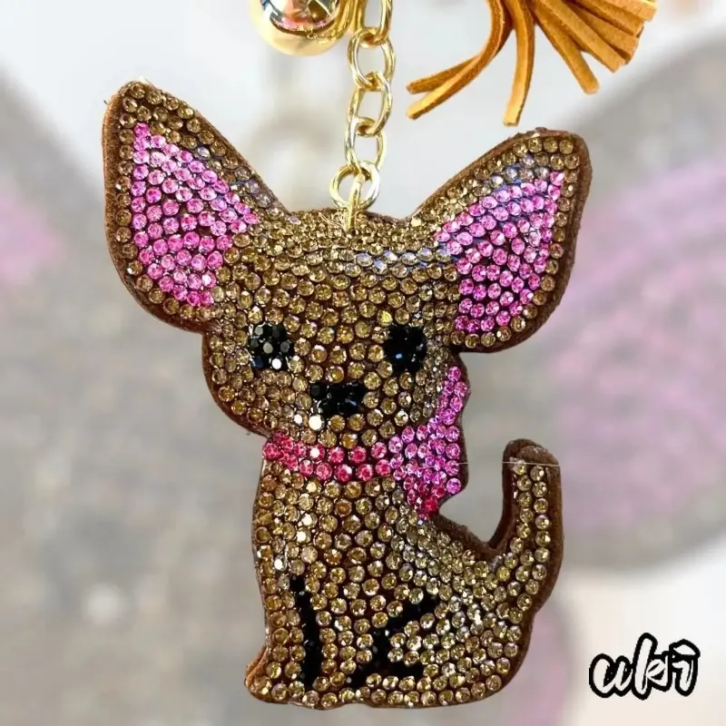 Rhinestone‑Embedded Chihuahua Cartoon Keychain Charm, Bling Sparkling Glossy Bag Pendant, Cute Daily Key Storage Accessory