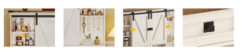 Sikaic Sliding Mirror Makeup Vanity With Lights & Barn Doors Charging Station Jewelry Hooks And Open Storage Shelves Modern Drawer