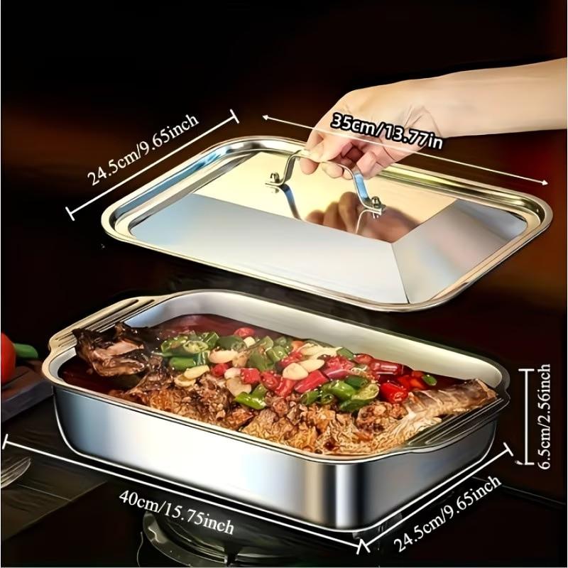 1 piece Thickened Stainless Steel Fish Baking Pan, Rectangular Non-Stick Oven Tray with Lid & Double Handles, Heat Resistant Kitchen Bakeware for Festival Seafood, Desserts, Bread, Home Restaurant Use