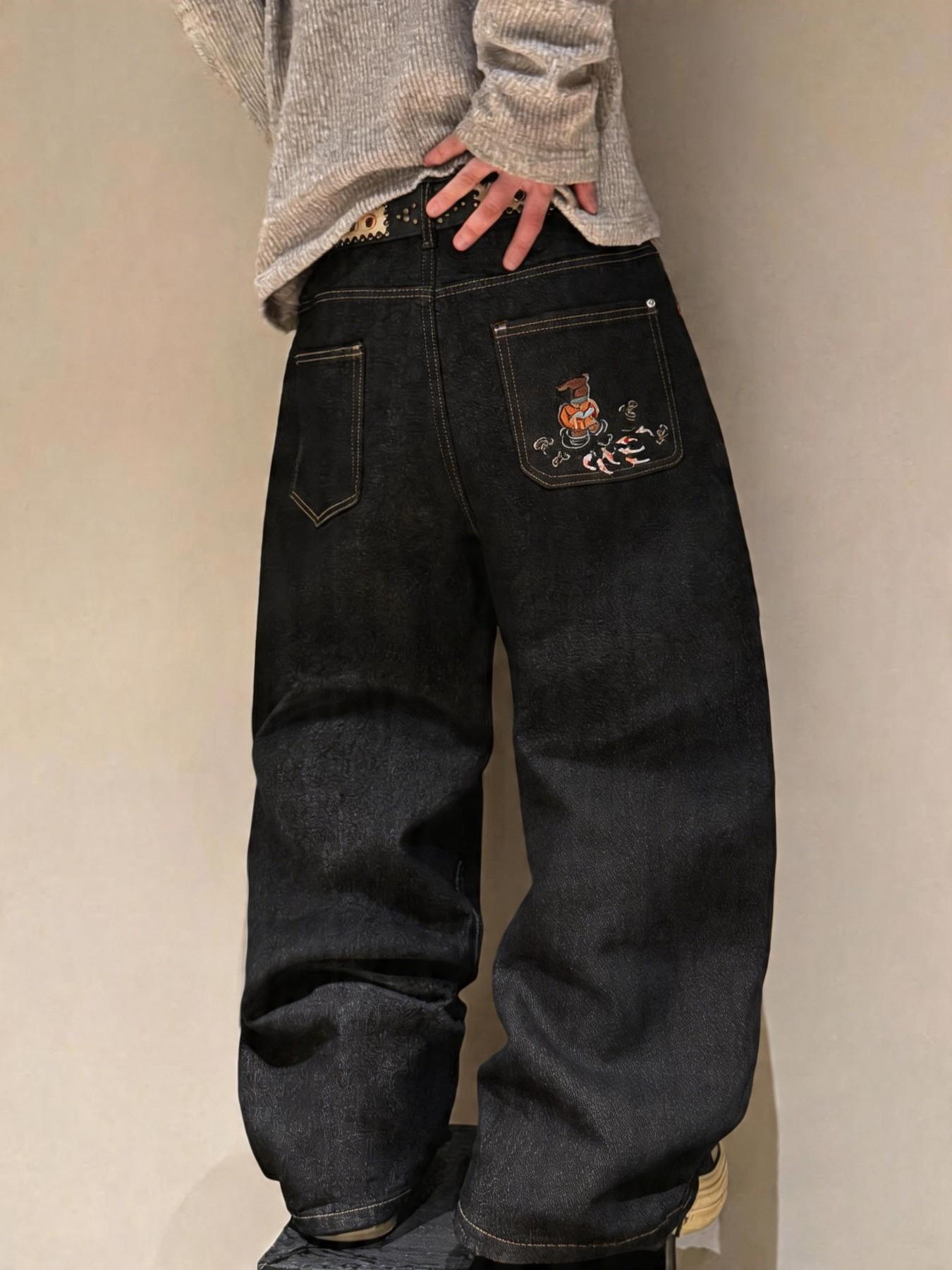 Street Style Streetwear Menswear Koi Embroidered Pocket Wide-Leg Denim Jeans Pants for Men, Casual Loose-Fitting Straight Jeans for All Seasons, Perfect Gift for Boyfriend, Husband, Friends