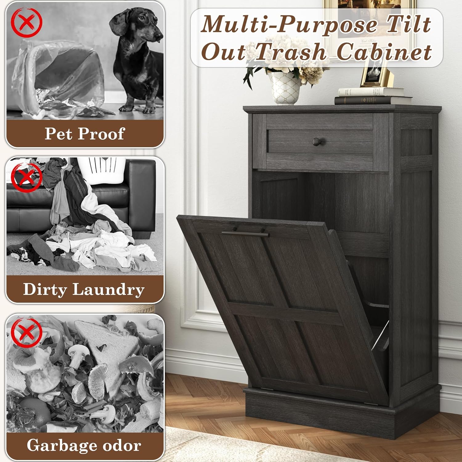 Trash Can Cabinet, 10 Gallons / 20 Gallons Farmhouse Hidden Wood Garbage Can Bin Cabinet with Drawers, Tilt Out Laundry Hamper with Laundry Storage Basket for Bathroom, Kitchen, Brown/Antique White/Dark Grey