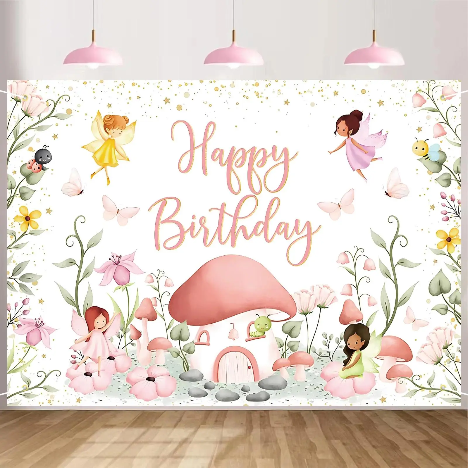 Fairy Birthday Backdrop Elf Mushroom Fairy Birthday Party Decorations Fairy Birthday Backdrop for Pink Flowers Butterfly Garden