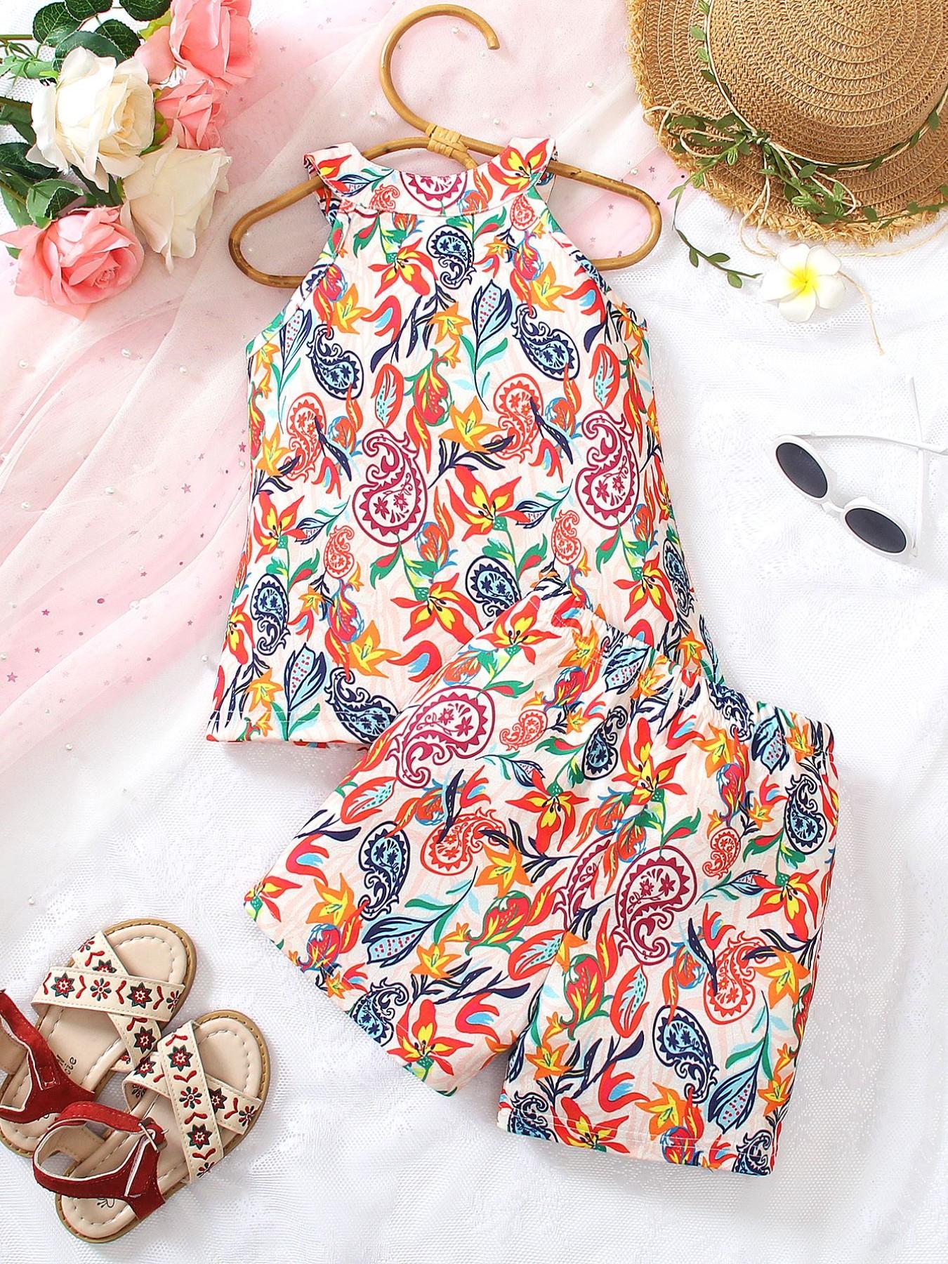 Girls' Colorful Floral Paisley Set, Lightweight Sleeveless Top + Loose Shorts, Bohemian Style Summer for Kids Aged 2-7 Years