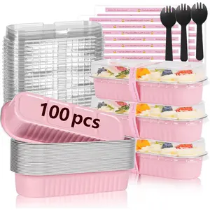YQER 100 Pack Mini Loaf Pans with Lids and Spoons Sealing Sticker, 6.8oz Mini Cake Pans for Baking, Disposable Aluminum Foil Loaf Pans, Pink Loaf Baking Pans, Small Cake Containers With Lids