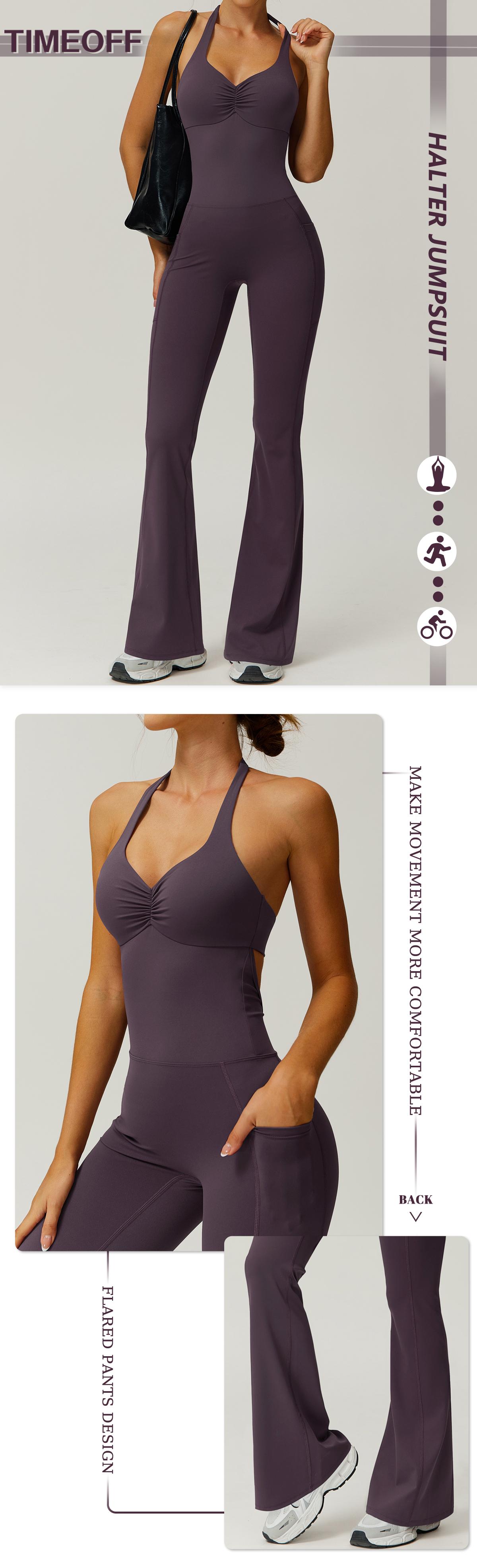 TimeOFF Women's Halter Neck Jumpsuit , Folded Chest, Flared Legs, Butt-Lifting Design , Yoga, Gym & Outdoor Activewear Fitness Outfits Workout Apparel, Solid Color Jumpsuit, Sportswear Jumpsuits