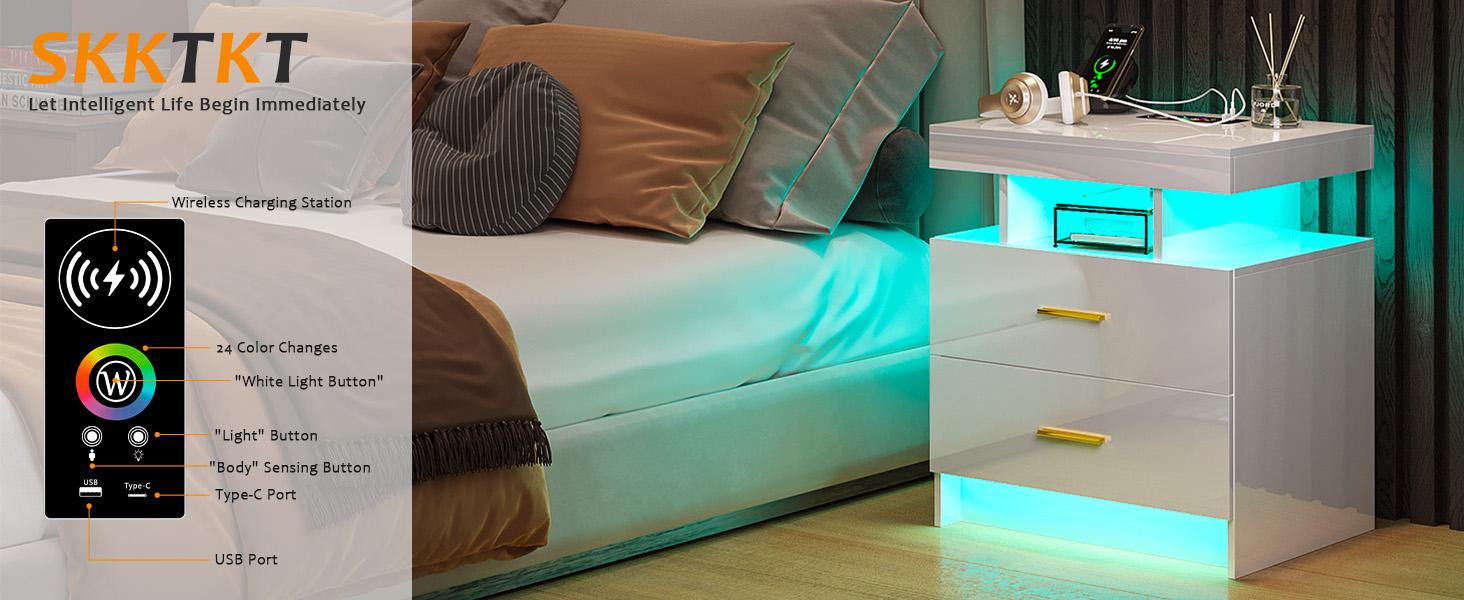 Vlsrka RGB LED Night Stand with Wireless Charging Station, Modern Bedside Table with Human Body Sensor Light for Bedroom Furniture