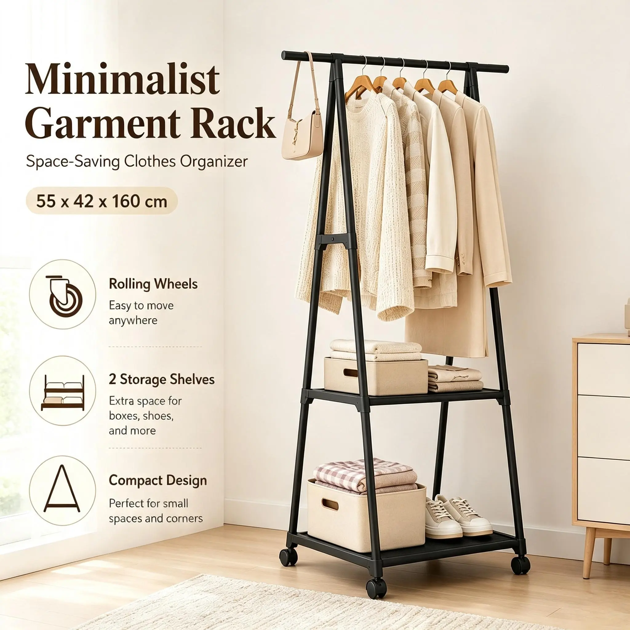 1pc Rolling Garment Rack with 2 Storage Shelves, Freestanding A-Frame Clothes Organizer with Wheels for Bedroom campingessentials, Storage Organization, Small Spaces, Boxes, Hangable