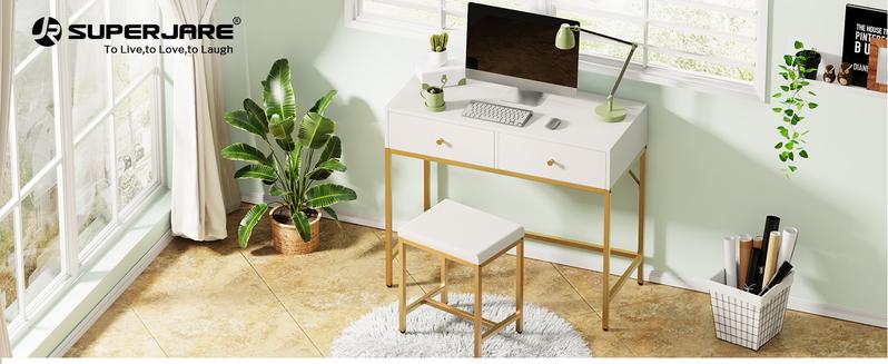 SUPERJARE 35.4" White and Gold Desk with 2 Drawers, Modern Makeup Vanity Desk with Padded Stool, Small Computer Desk Home Office Desk for Writing Study Bedroom