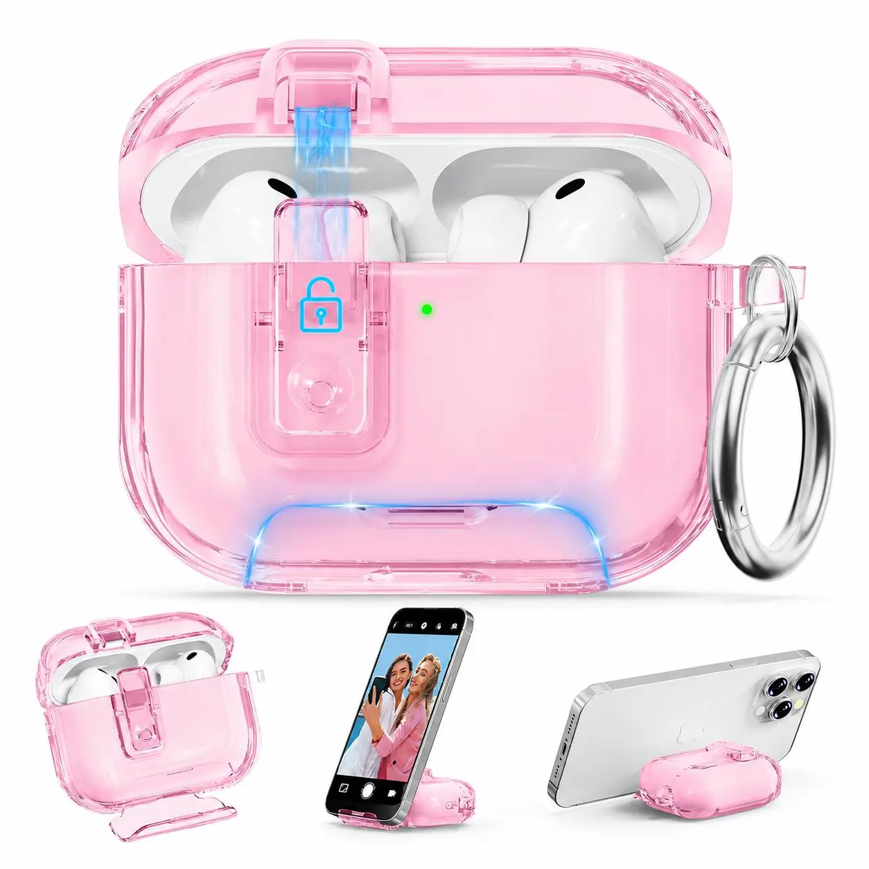 For AirPods Pro 3/2/1 & AirPods 4 Multifunction Magnetic Lock Clear Silicone TPU Case Cover, Transparent Original-Look Protector with Hidden Phone Stand, Thin Soft Design & Keyring