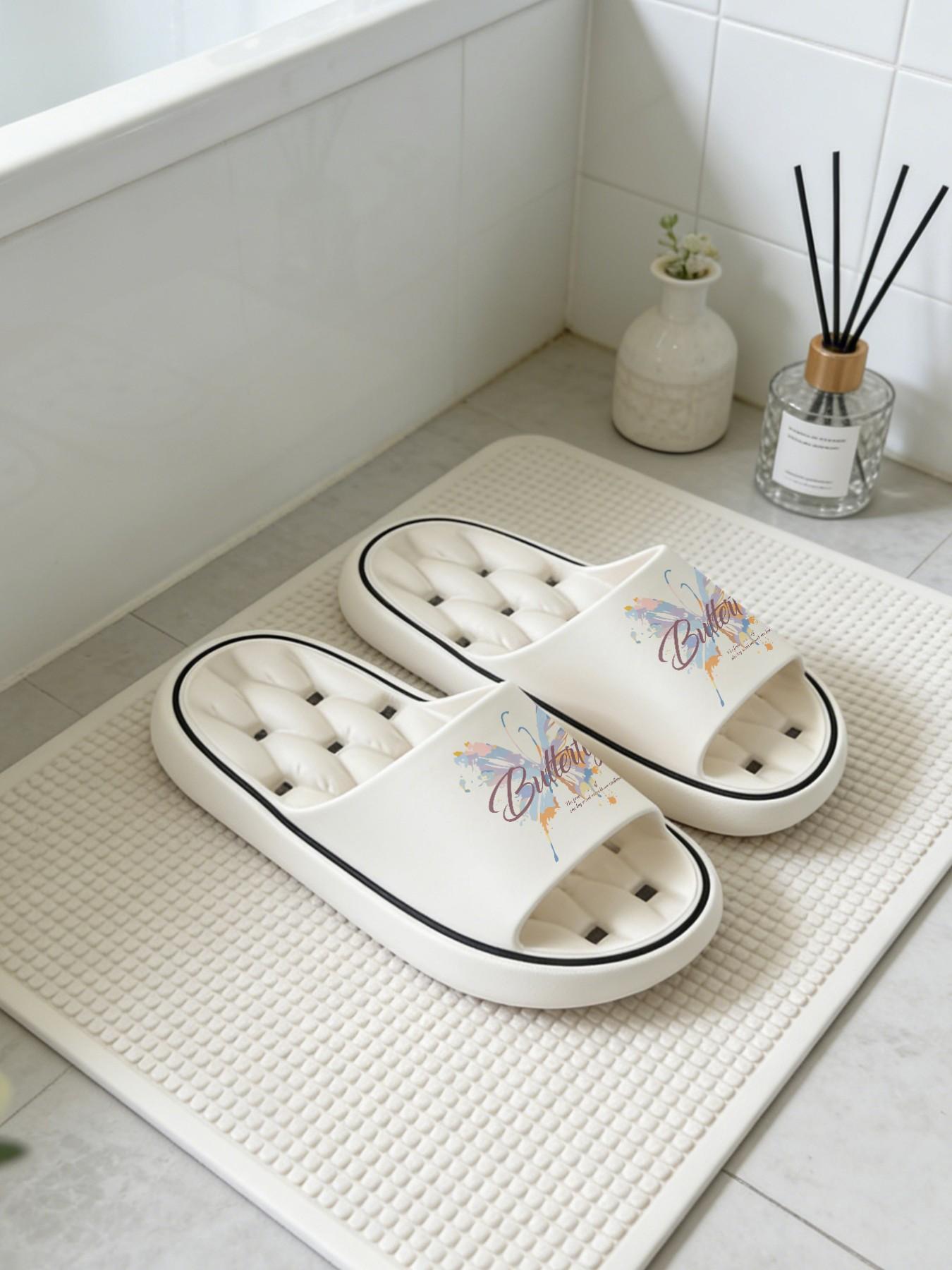 1 Pair Watercolor Butterfly Themed Printed Hollow Massage Thick Sole Slippers, Gentle Fresh Style, Non-slip Soft Sole, Quick-dry for Bathroom, Indoor & Outdoor Dual-use, Open Toe Slides, Bathroom Casual Slippers