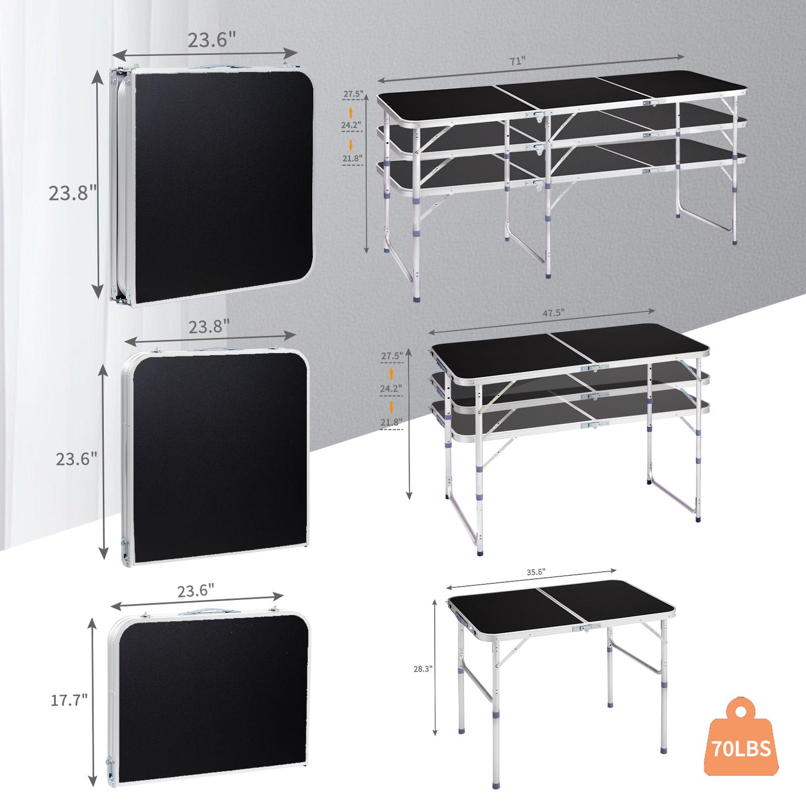 Folding Table 4 Foot Portable Heavy Duty Plastic Fold-in-Half Utility Table Small Indoor Outdoor Adjustable Height Folding with Carrying Handle, Camping and Party, Black