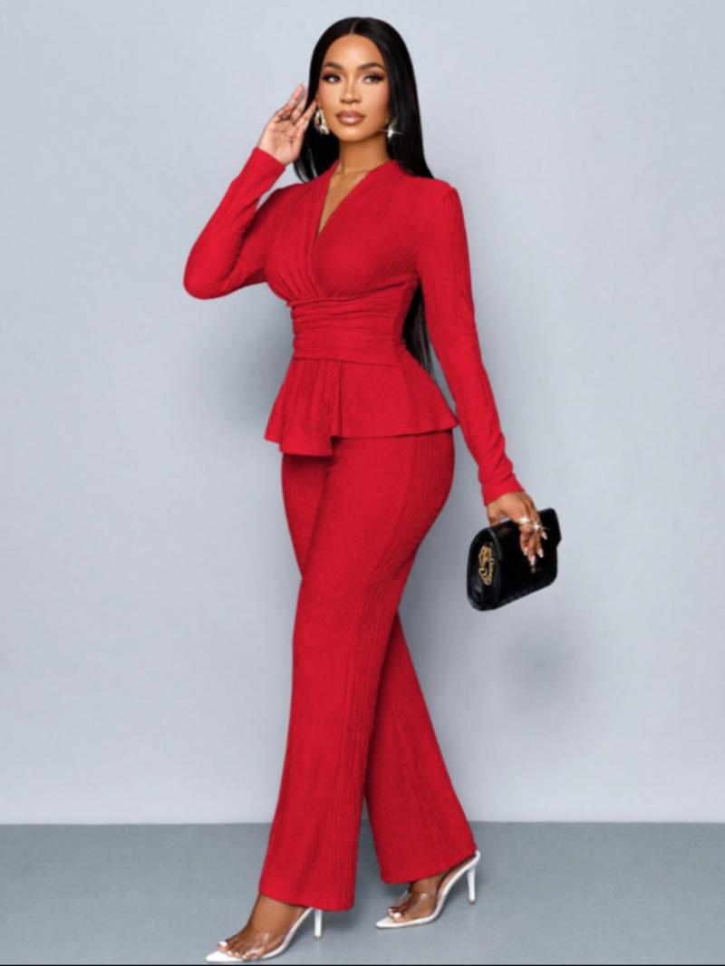 Women's Apricot Color Elegant V-Neck Long Sleeve Asymmetrical Hem T-Shirt & Wide-Leg Pants Two Piece Set, Casual Daily Wear