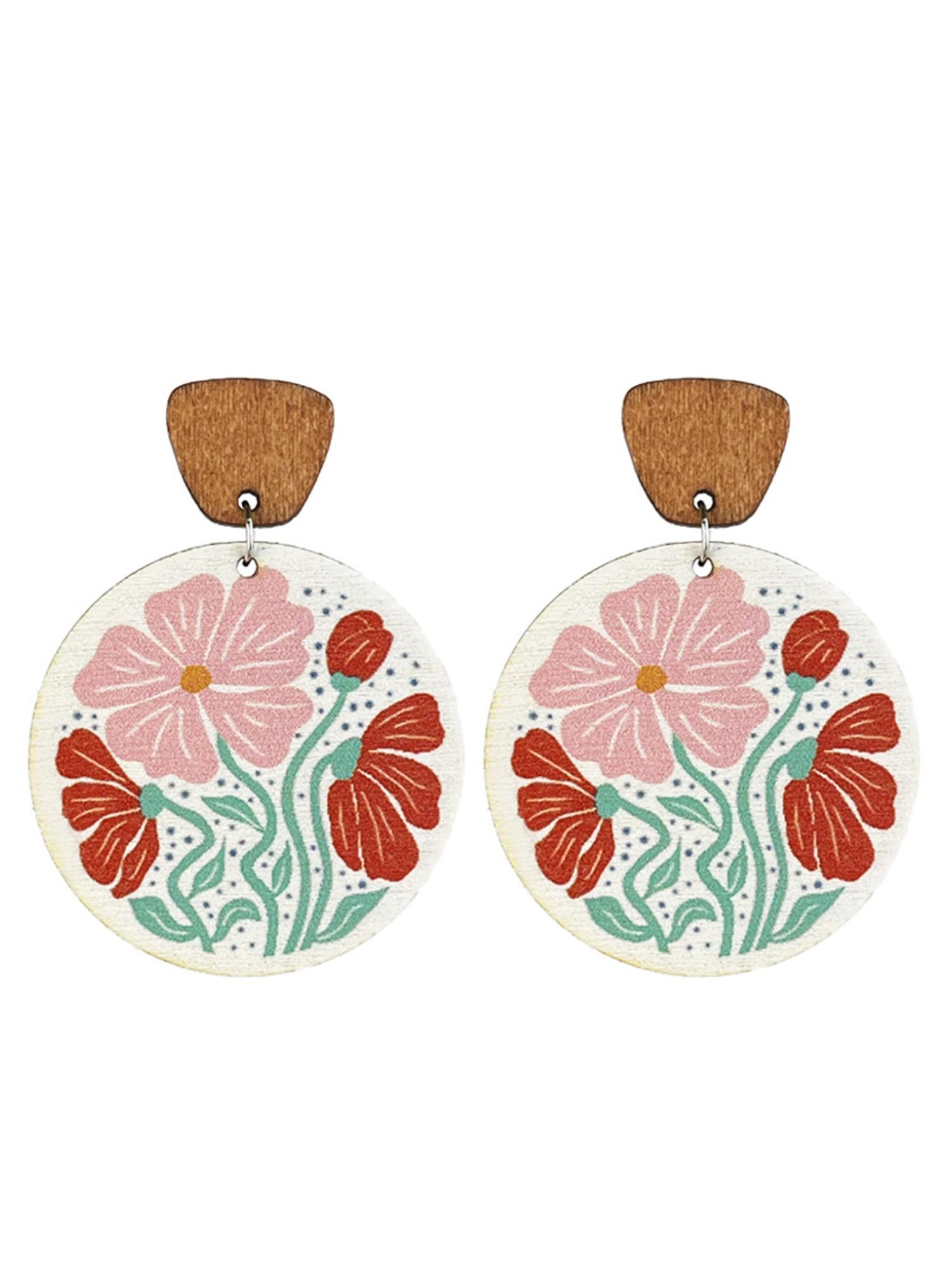 Vintage Floral Boho Drop Earrings, Multicolor Wooden Round Porcelain Studs, All-Over Print Design, Perfect for Spring & Summer