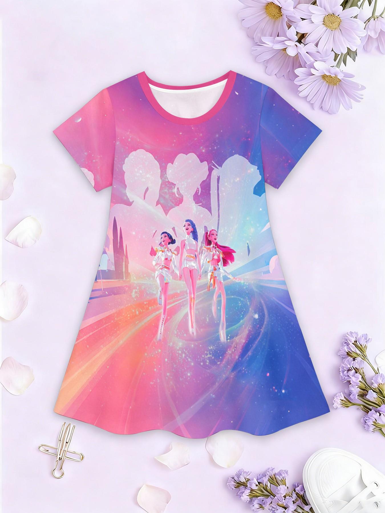 Girls' 3D Futuristic Dress, Cool Short Sleeve A-Line Dress, All over Print, Perfect Birthday Gift, Festival Gift