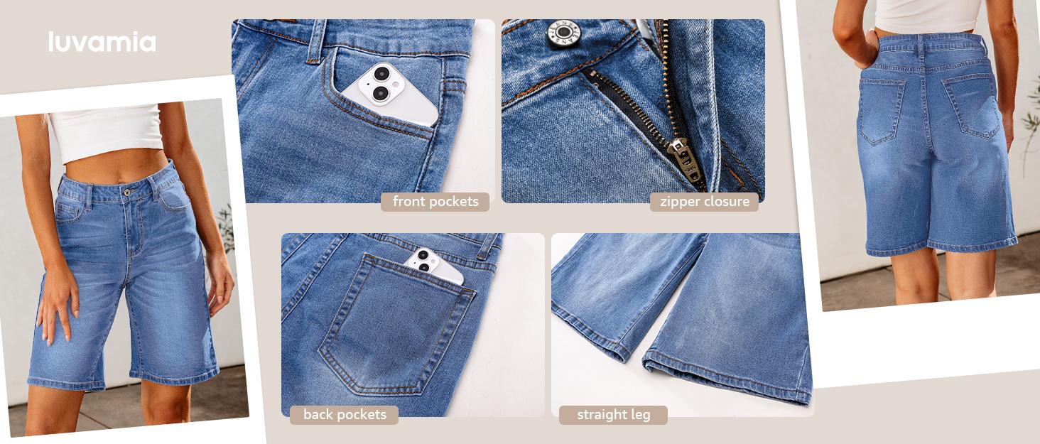 Luvamia Bermuda Jean Shorts for Women High Waisted Stretchy Denim Knee Length Cutoff Loose Fit Long Shorts Womenswear Streetwear Basic 5 Pockets Bottom
