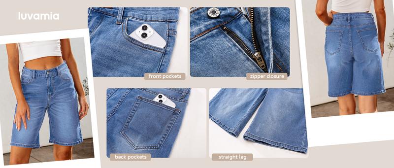 Luvamia Bermuda Jean Shorts for Women High Waisted Stretchy Denim Knee Length Cutoff Loose Fit Long Shorts Womenswear Streetwear Basic 5 Pockets Bottom