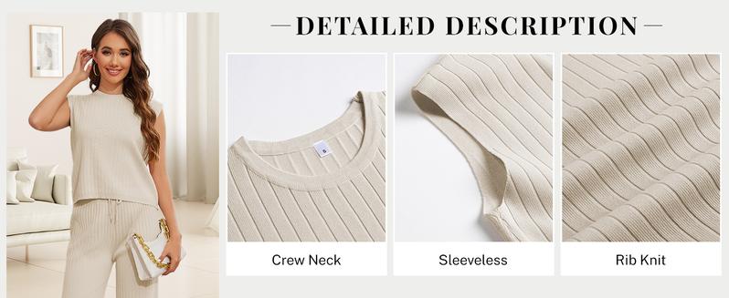 SCUSTY Women's 2 Piece Knitted Set Summer Outfits Pullover Sleeveless Vest High Waist Wide Leg Trousers Casual Suit Sportswear