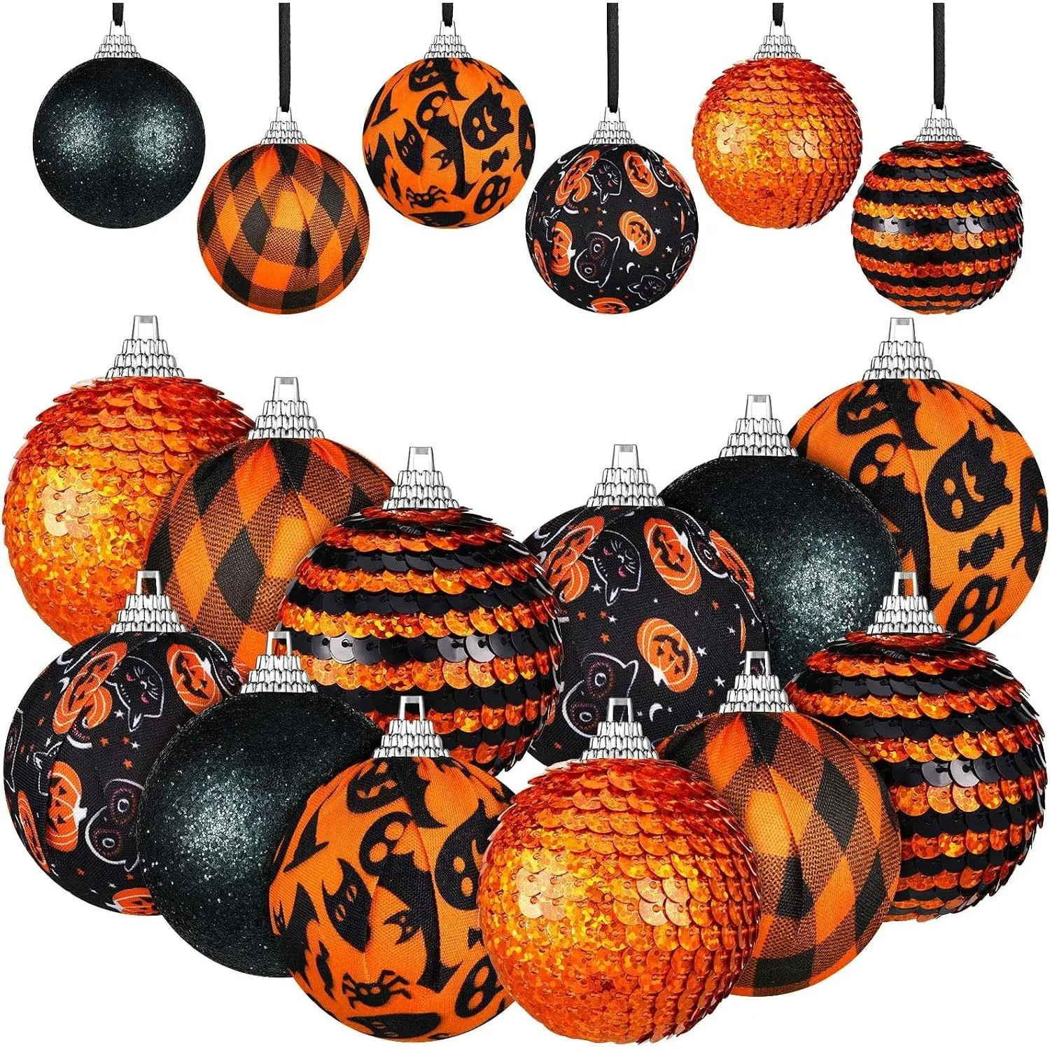 12 Pieces Halloween Tree Ornaments Shatterproof Hanging Balls, 6 Patterns Glitter Ghost Black Orange Plastic Ball, Halloween Tree DecorationGift