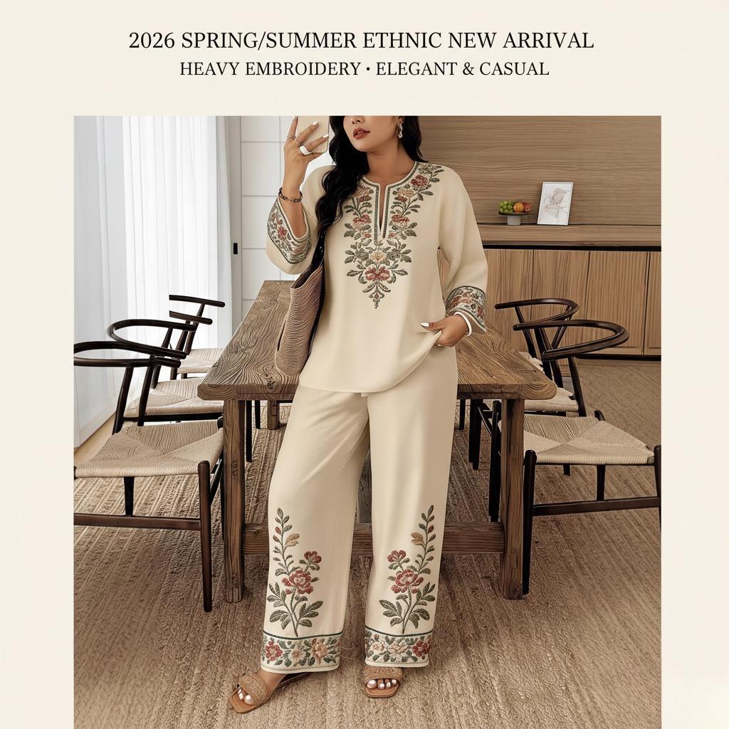 Women's Ethnic-Style 2026 2-Piece Dress & Top Set, Long-Sleeved with Lace Flower Details