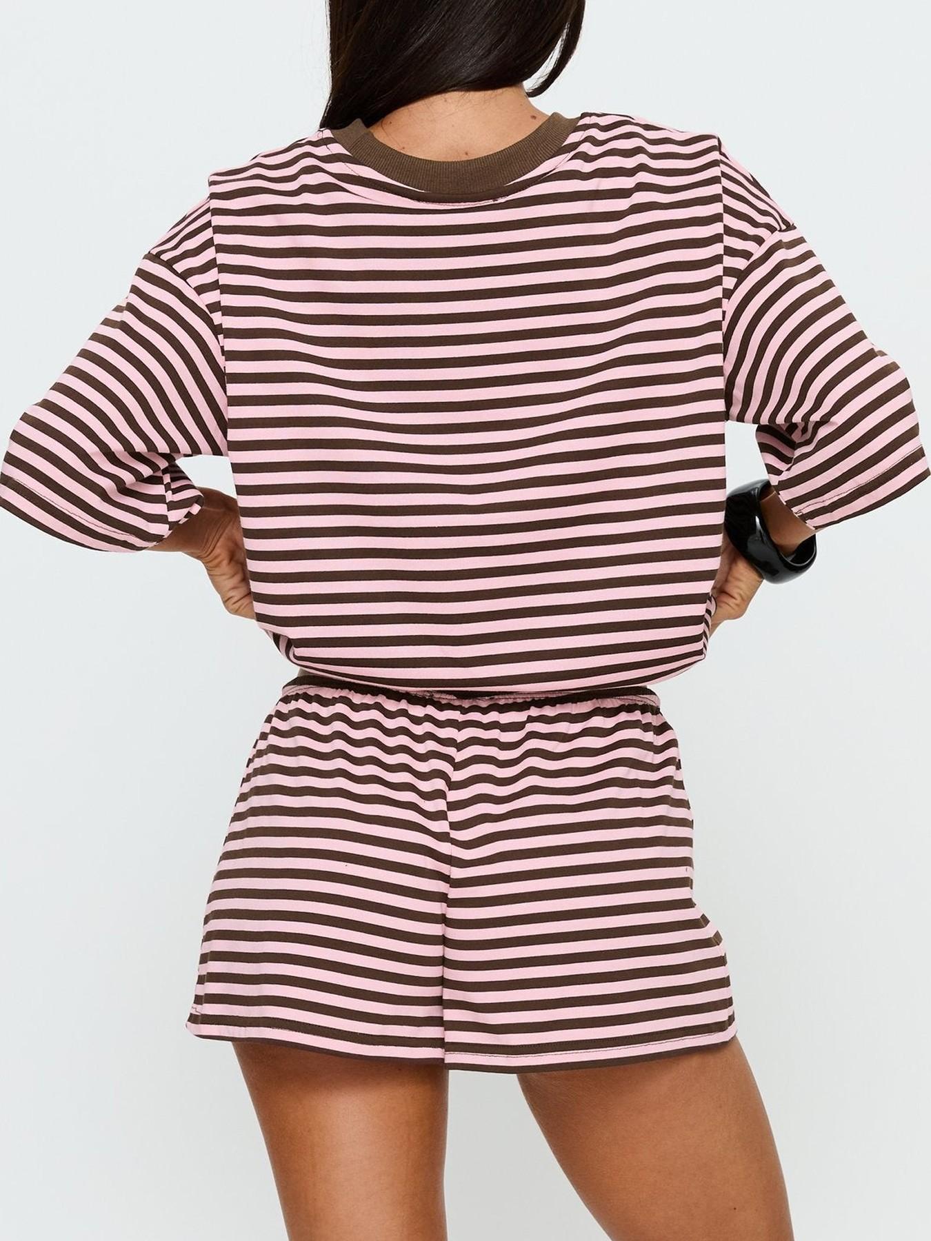 2 Spring Summer Stripe Print 2 Piece Outfit Women | Oversized T-Shirt + Drawstring Shorts | Soft Casual Lounge Set | Y2K Clean Girl Style for Daily Home Vacation Wear 2 Spring Summer Stripe Print 2 Piece Outfit Women | Oversized T-Shirt + Drawstring Shorts | Soft Casual Lounge Set | Y2K Clean Girl Style for Daily Home Vacation Wear