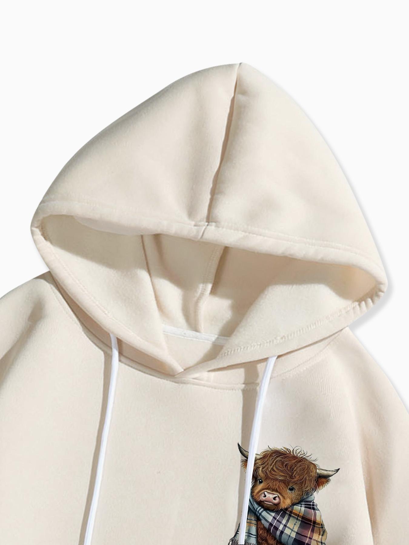 Cozy Fleece-Lined Printed Hooded Fitted Long Sleeves Sweatshirt, Funny Sweatshirt, Cute Highland Cow Animal Design, Unisex Casual Winter Fashion Womenswear with Soft Warm Plush Interior for Cold Weather Aesthetics, Casual Fitted Hoodie