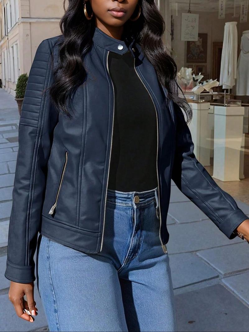 Women's PU Jacket Spring Fall Retro Motorcycle Style, Casual Fitted Plaid Outerwear, Long Sleeve Stand Collar Commuter Coat