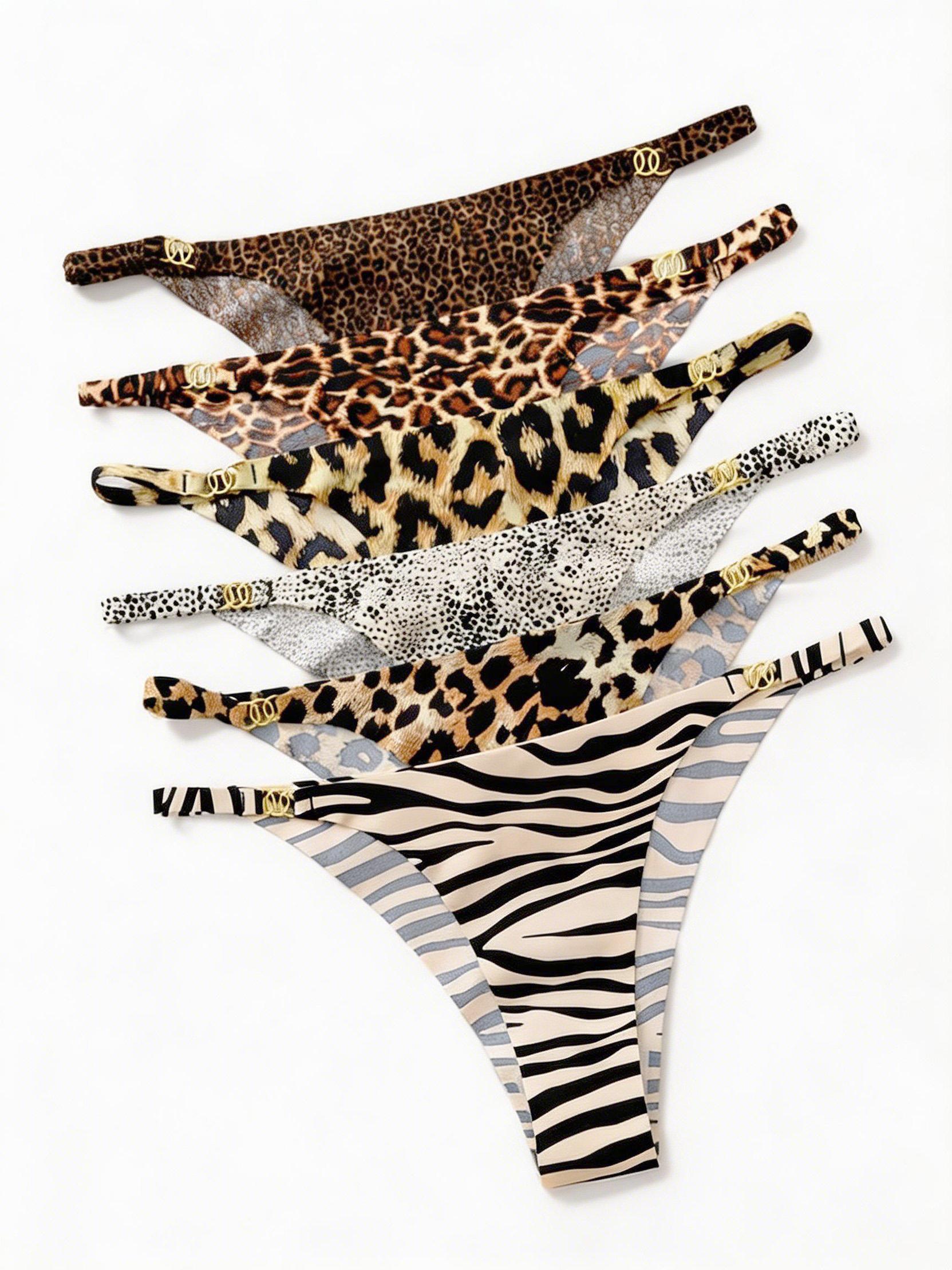 6-Pack Women's Seamless Ice Silk Underwear, Sexy Leopard Print, Thin Strap Design, Cotton Crotch Comfort Intimates
