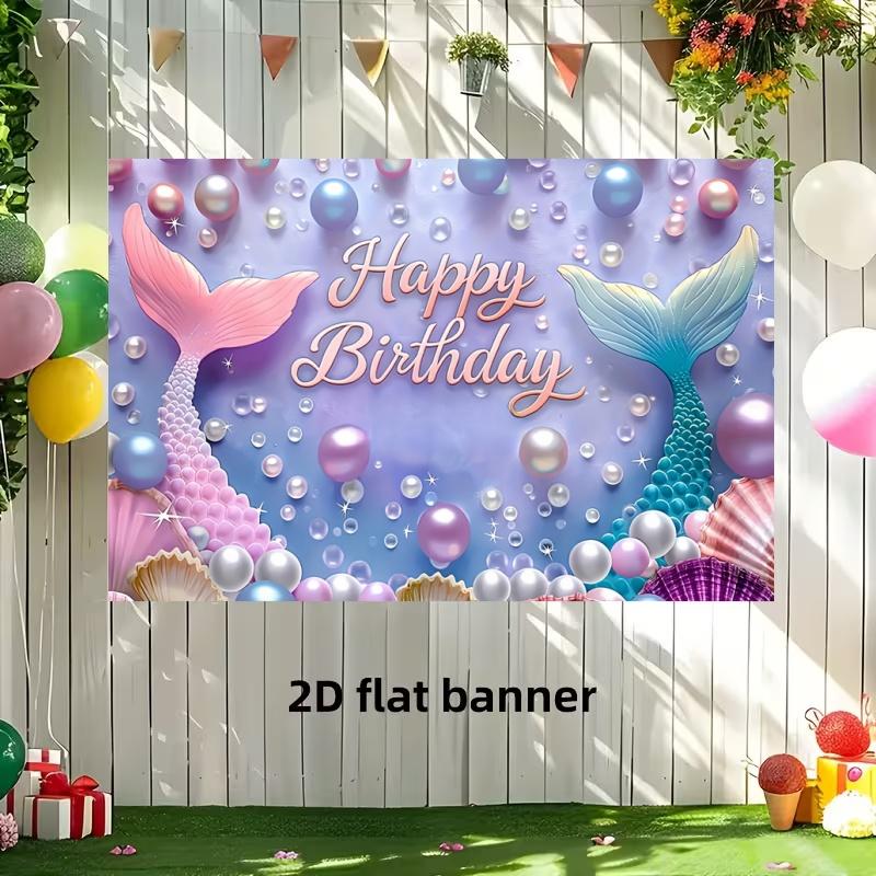 Mermaid Theme Birthday Banner, 2D Polyester Backdrop, Happy Birthday Underwater Fairy Tale Party Banner, Girl Child Photo Decoration