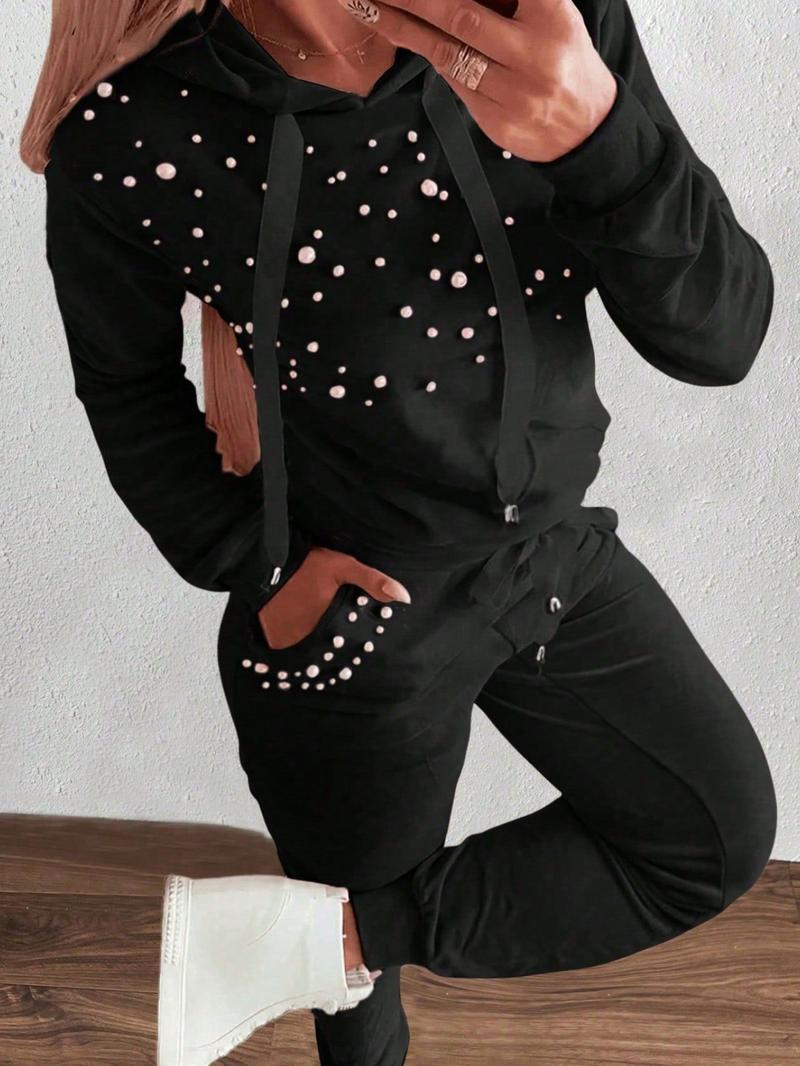 Two piece women's Korean casual black hoodie and pants set, suitable for autumn and winter, suitable for home, indoor, and outdoor wear