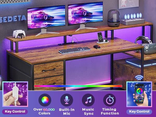 SEDETA 66-inch Home Office Desk with File Drawers and Power Outlets Printer Cabinet with Storage Shelves and Monitor Shelf, Game Table with LED Lights