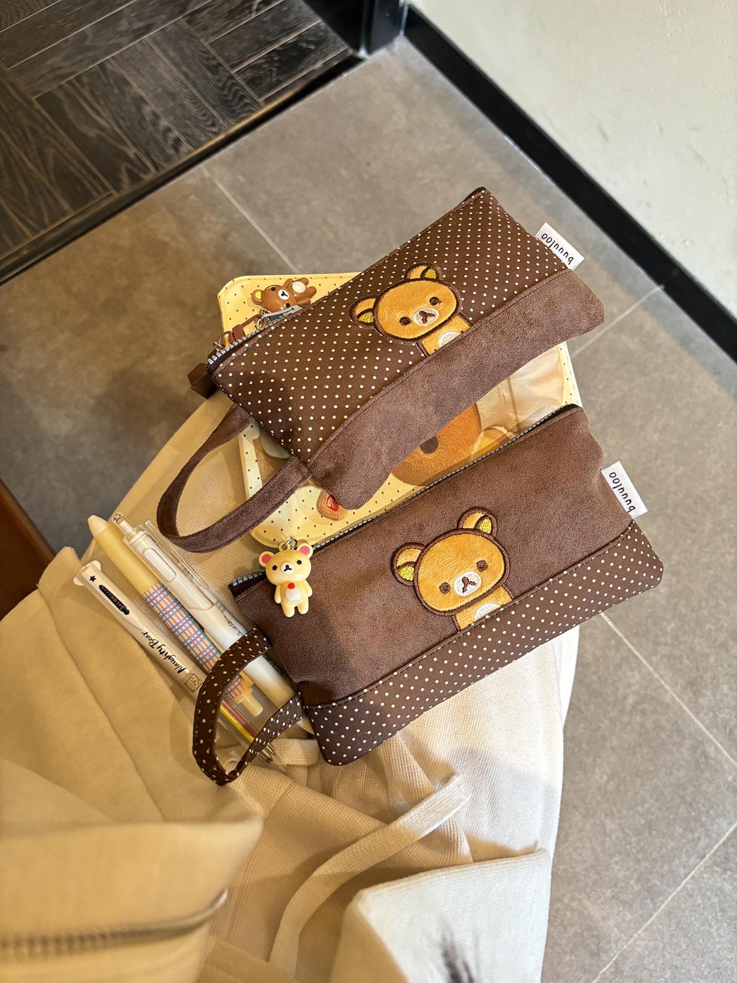 Buuuloo Original Embroidered Rilakkuma Pencil Case Large Capacity Polka Dot Ins Style Kawaii For Teen Girls High School Students
