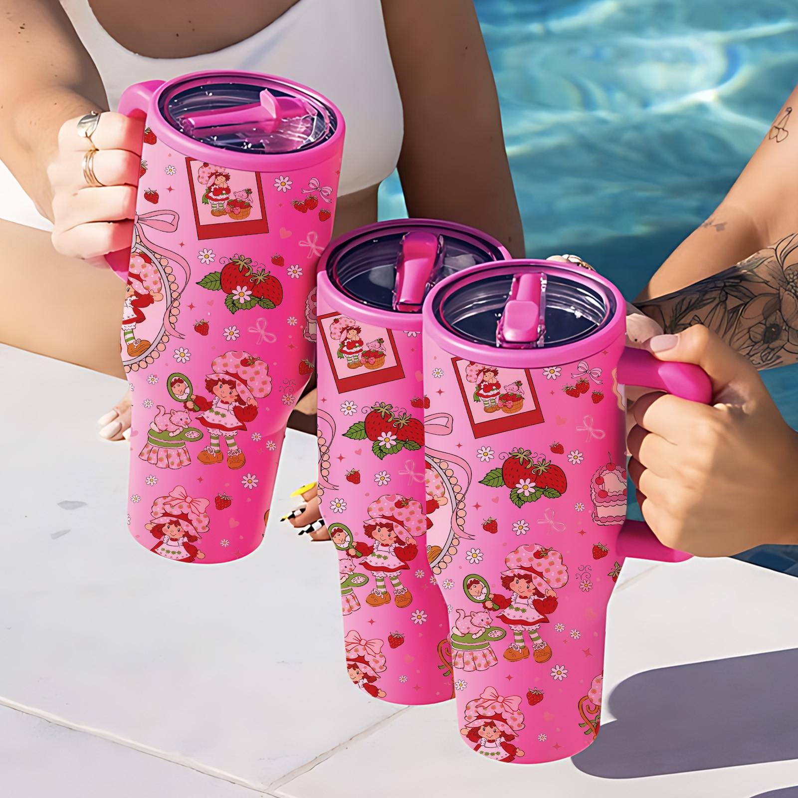 40oz Strawberry Girl Insulated Car Tumbler, Cute Aesthetic Pink Cup with Handle and Straw, Double Wall Stainless Steel Drinkware Vacuum Mug for Hot Cold Drinks, Perfect Valentine’s Day Birthday Gift for Girlfriend Women Girls