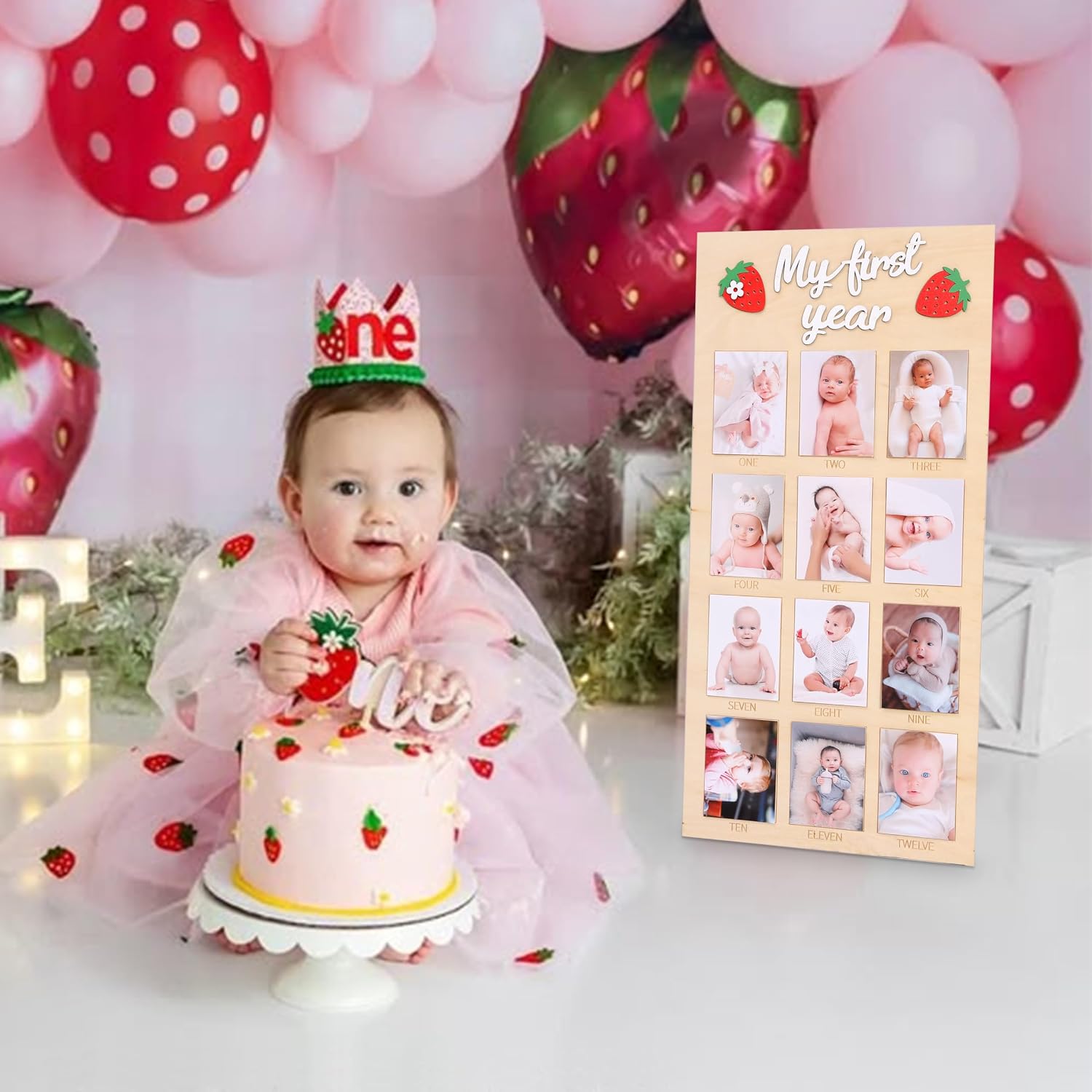 Berry First Year Wooden Photo Board - Strawberry Birthday Party Decorations, 12 Monthly Milestone Picture Frame, Strawberry  Year Wooden Sign