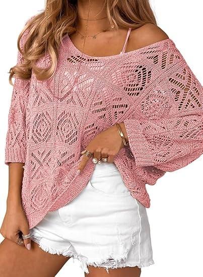 Women's Spring/Summer Crochet Hollow Out Three-Quarter Sleeve Pullover Sweater Batwing Sleeve Vacation Style Intellectual and Gentle Style