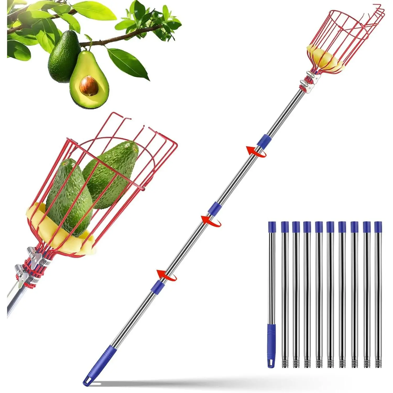 13 FT Extendable Fruit Picker Pole Tool Adjustable Long Handle Fruit Picker Metal Basket Fruit Grabber Tool with Protective Foam Pad Stainless Steel Garden Picker Tool for Apple Mango Lemon