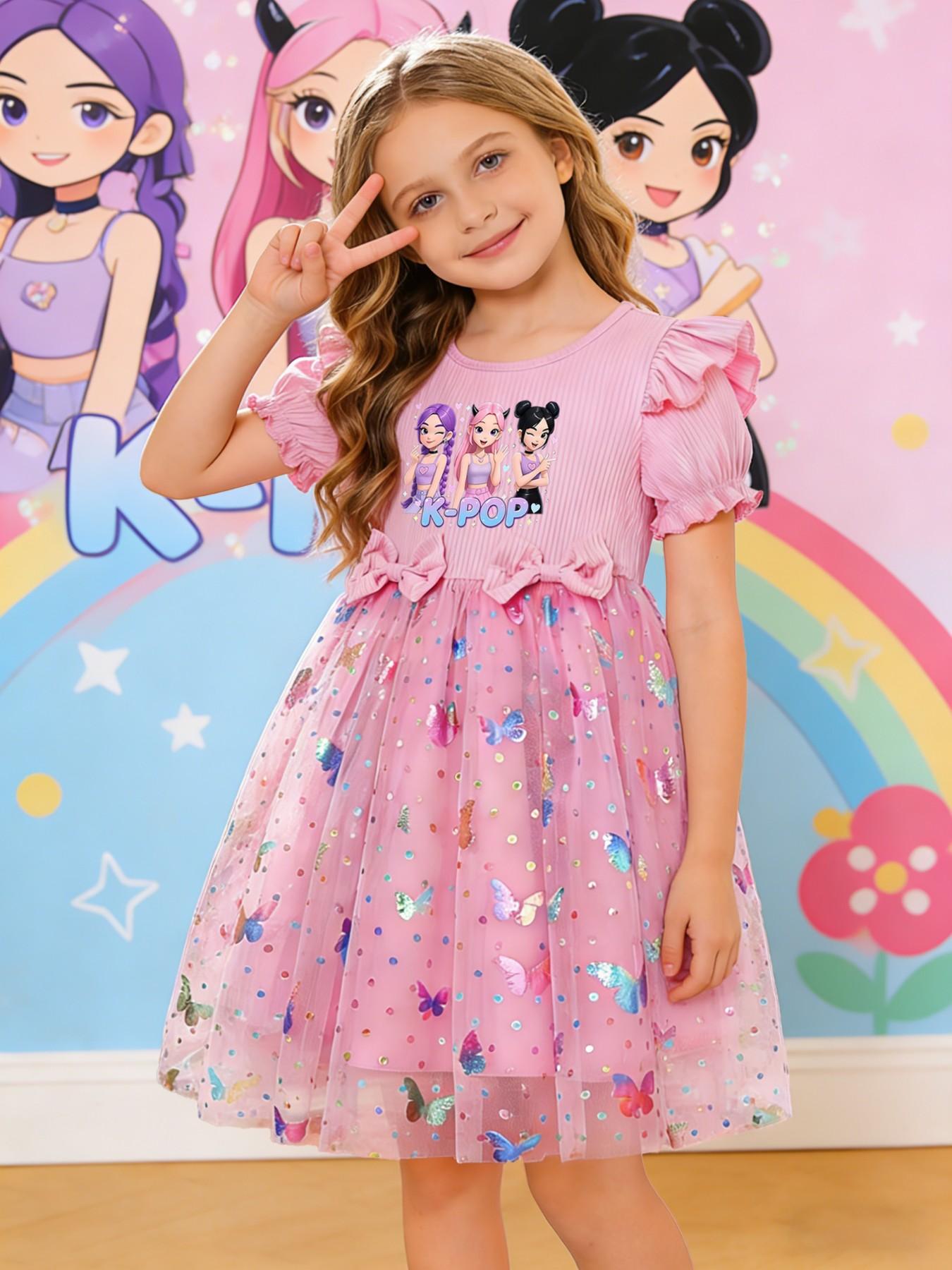 Girls' Elegant Princess Dress, Cartoon Butterfly Print, Slim-Fitting Summer Gown, Perfect for Easter, Valentine's Day, Parties, Gifts, Birthdays