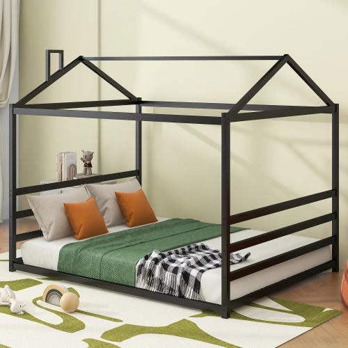 Metal House Shape Platform Bed, Gold/Black, Queen