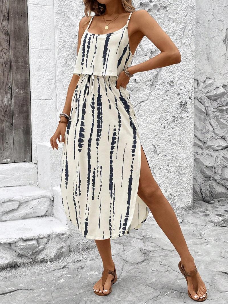 Women's Spring Summer Fall Tie Dye Thin Strap Split Thigh Waist Cinched Dress, Multicolor Floral Print, Casual Vacation