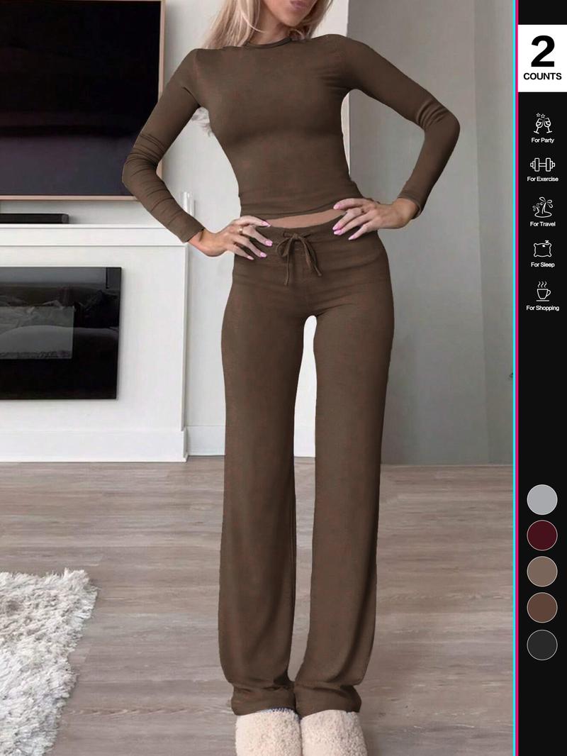 2026 Two Pieces Fall Women Clothes Y2K Sporty Casual Home Solid Color Fitted Long-Sleeved T-Shirt And Long Pants Set