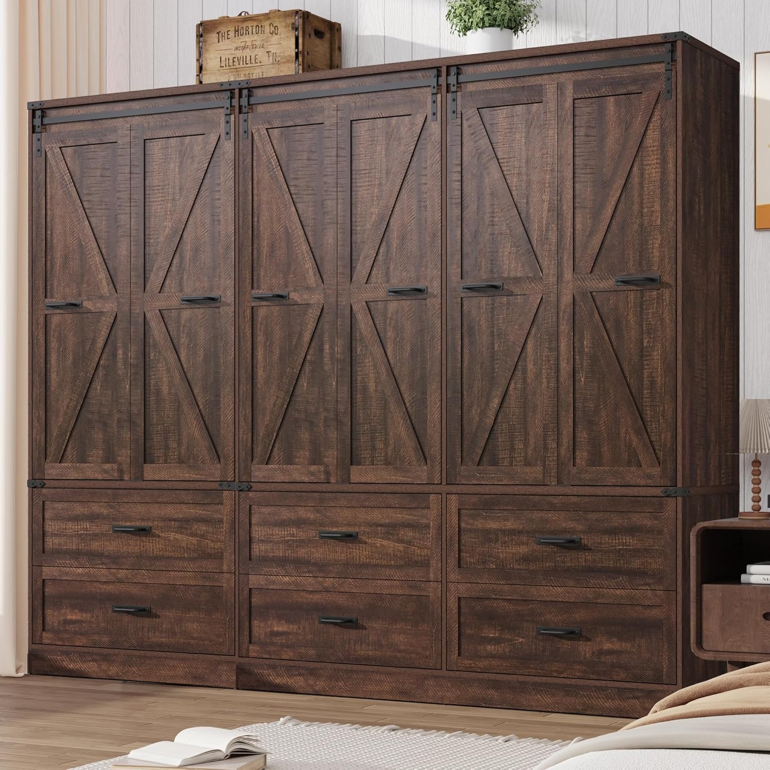 Farmhouse 6 Doors/4 Doors/3 Doors Armoire Wardrobe Closet w/Folding Sliding Barn Door and Lights, LED Armoire Closet w/Drawers for Bedroom, Freestanding Wooden Wardrobe Storage Closets w/Hanging Rod (Antique White/Rustic Brown/Black)