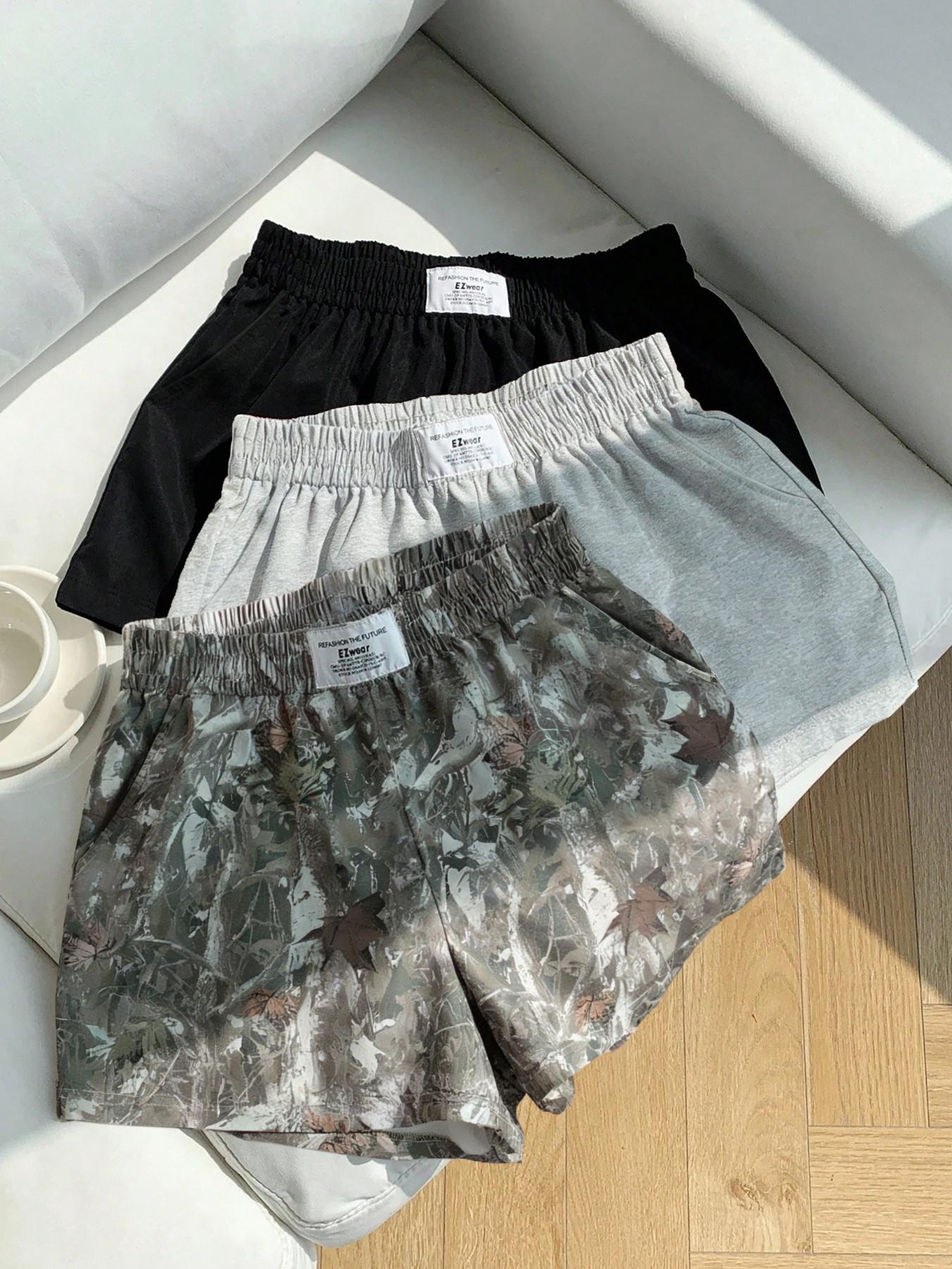 3-Pack Women's Summer Solid + Camo Tree Pattern + Leopard Print Logo Side Pocket Loose Sporty Shorts, Elastic Waist Design, Essential Shorts for Casual Outdoor Wear, Sports Fitness, and Street Style Outfits