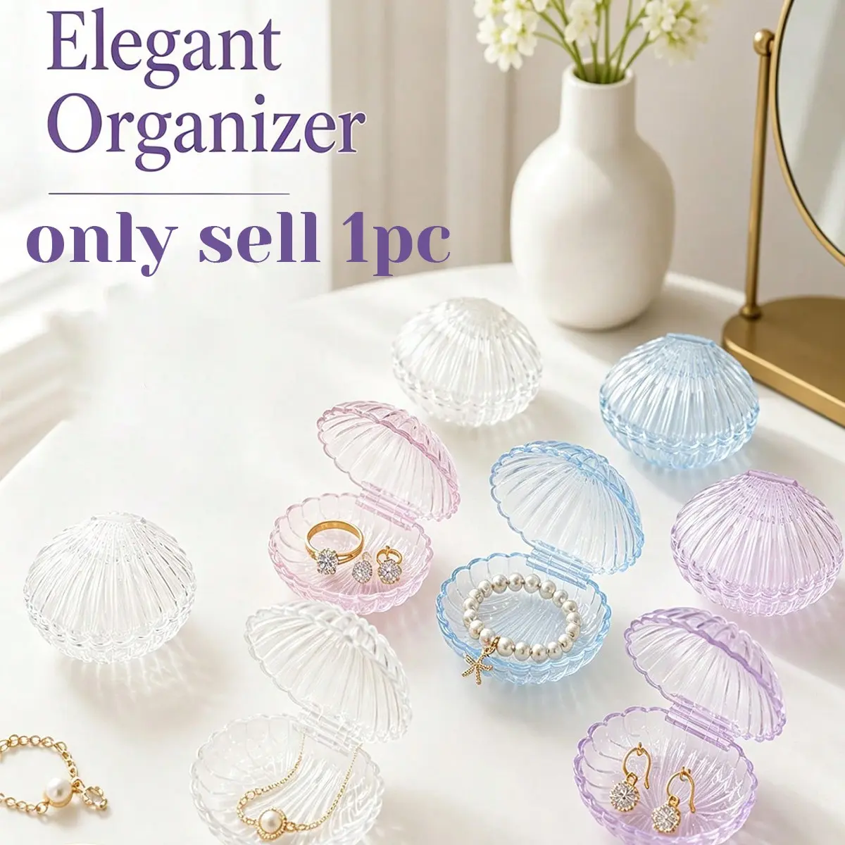 Transparent Shell Jewelry Box, Mini Hinged Shell Organizer for Rings Earrings, Vanity Decor, Wedding Gift, Nautical Party Display