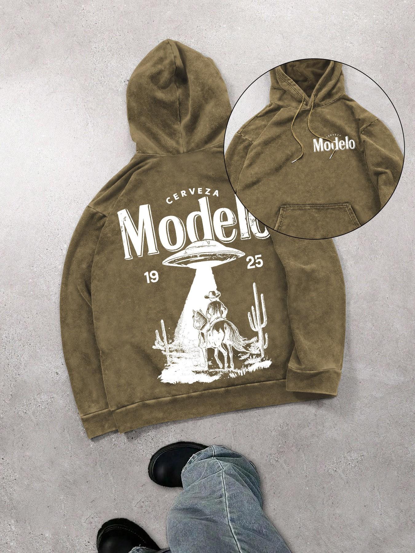 Mexican beer and UFO men's street retro style washed hooded sweatshirt, fashionable and trendy casual long-sleeved hoodie, men's spring and autumn style.