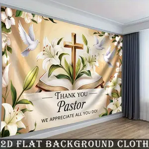 [party banner] 1pc, Thank You Pastor Theme with Cross, Open Bible & White Doves Background cloth,  Coming-of-age Ceremony, Christmas, Thanksgiving, Four Season, Entryway, Room Decor, Indoor/ Outdoor Celebrations, Baptismal Party Perfect Gift for Parents &